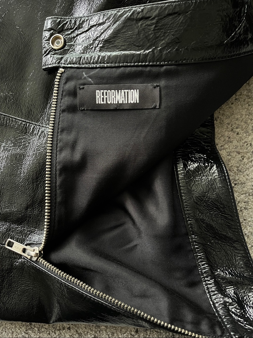 Reformation Black Glossy Faux Leather Mini Skirt